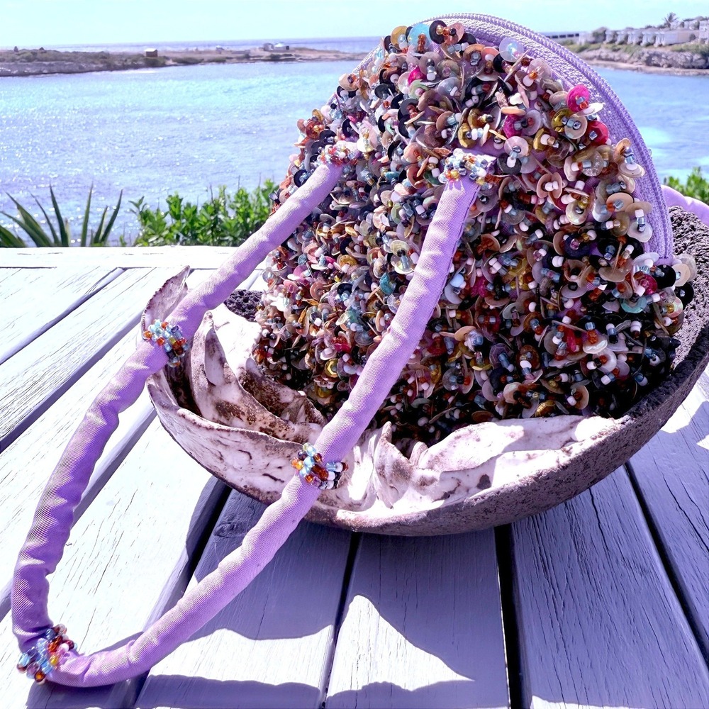 Kitschy Artsty Purple Beaded Sequin Mini Handbag Multi Color Embellished Purse - Picture 3 of 16